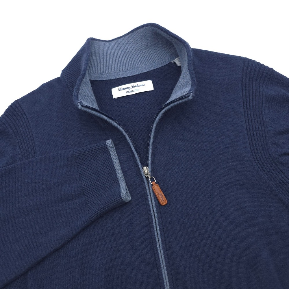 Tommy Bahama IslandZone Mens Small Navy Blue Full Zip Mock Neck Sweater Pockets